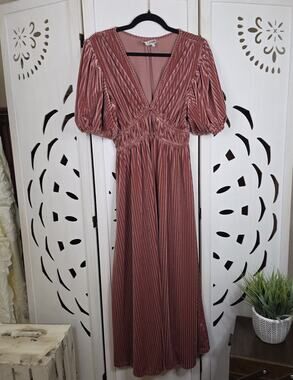 Sissyaki Coquette Ribbed Velvet Maxi Dress Short Sleeve Pink Size Small
